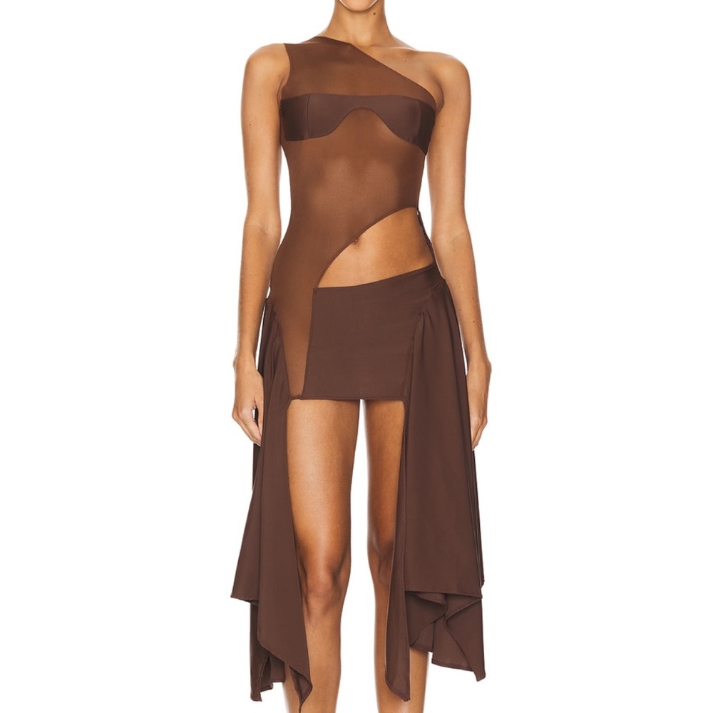 Sketch-y x Revolve Tricot Mesh Asymmetrical Brown Dress S Party